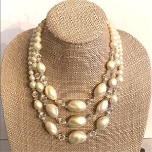 Vintage White Multi Strand Choker Necklace pearl finish beads & faceted crystals
